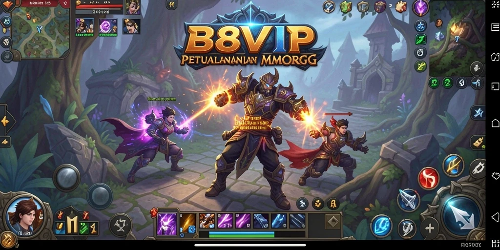 Screenshot utama B8VIP yang menunjukkan pertempuran seru di dunia MMORPG.