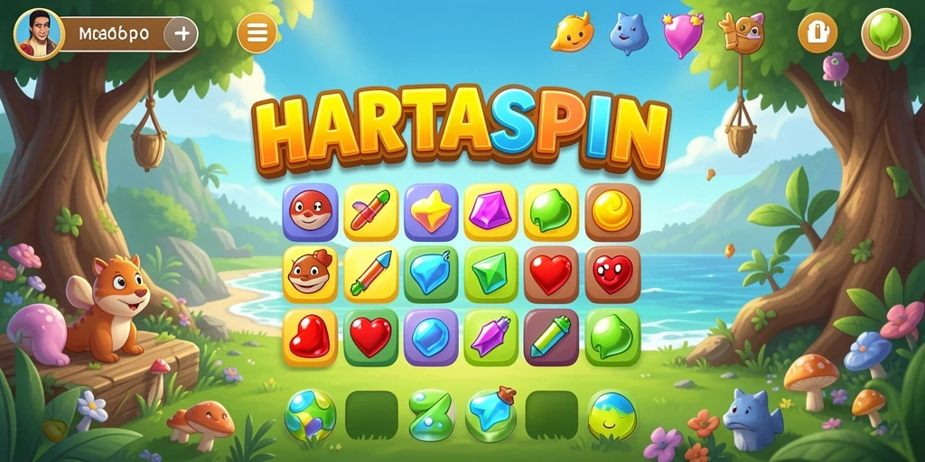Screenshot HARTASPIN menampilkan gameplay seru dan berwarna-warni dalam Match-3.
