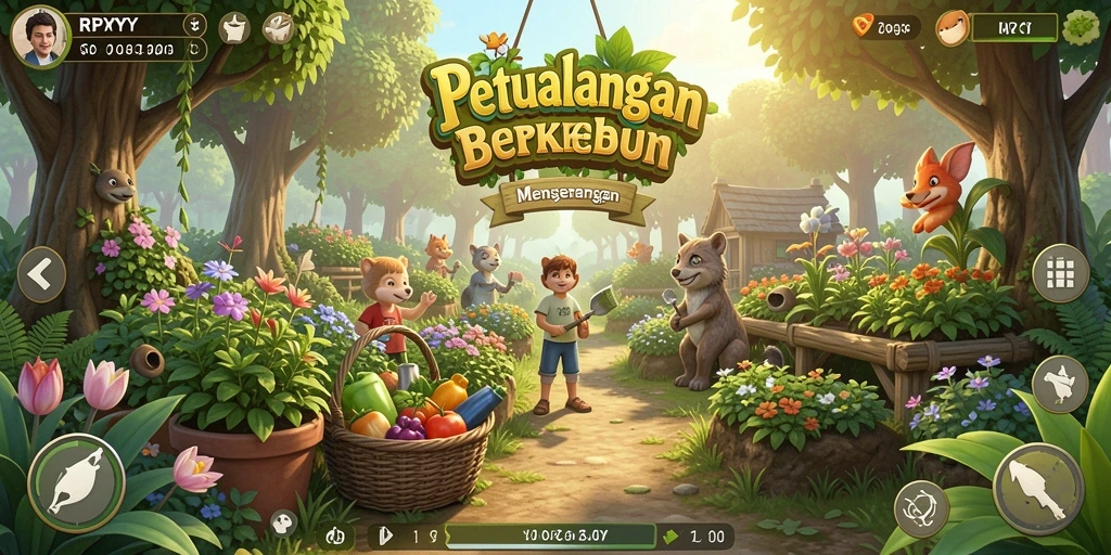 Screenshot gameplay RPYYY menampilkan kegiatan berkebun yang seru.