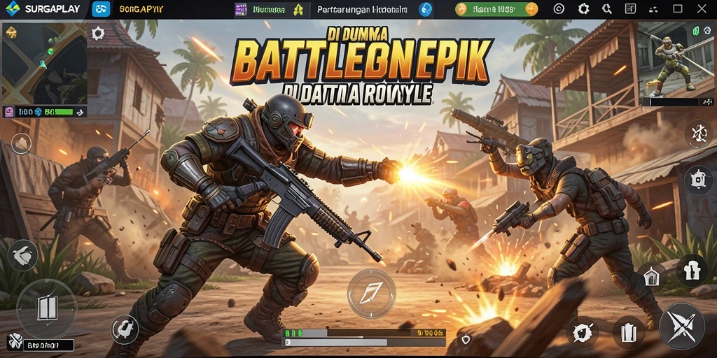 Gambar gameplay SURGAPLAY dengan aksi intens dalam Battle Royale.